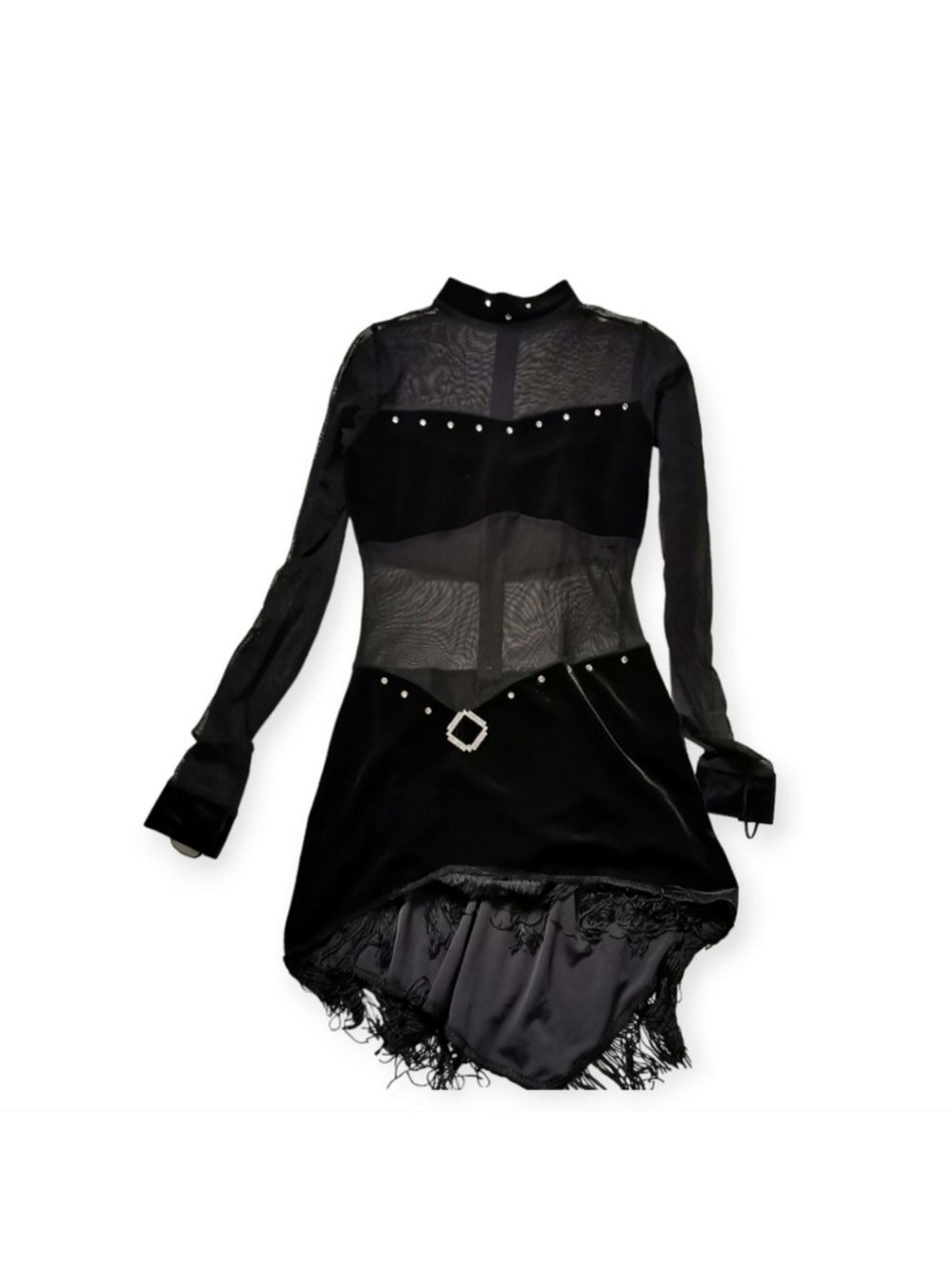 Velvet Mesh Rhinestone Fringe Dance Costume Leotard XS/S